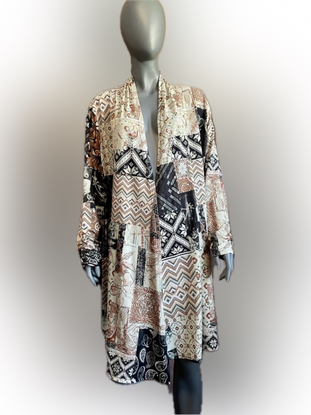 Lily by Firmiana XL Patchwork Open Front Lightweight Neutral Color Cardigan GUC